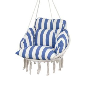 Hammock Swing Chair, Macrame Hanging Chair with Large Cushion, Chain, Steel Frame for Indoor Outdoor Use, Blue and White
