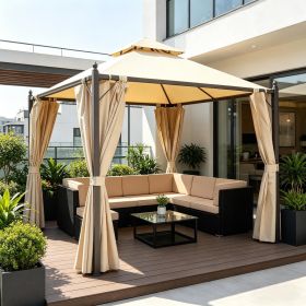 10' X 10' Steel Outdoor Patio Gazebo Large Design with Two-Tier Roof Polyester Privacy Curtains for Air