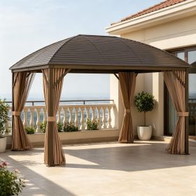 Brown 10' X 13' Hardtop Gazebo Pavilion with Curtains And Netting Steel Roof Ceiling Hook for Garden Patio