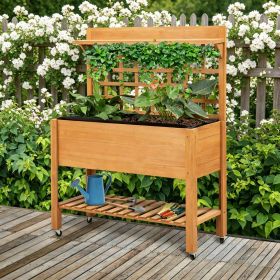 Elevated Garden Raised Bed 41x18x53 Solid Wood Planter with Shelf And Wheels for Outdoor Vegetables Flowers Herbs- Brown