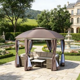 12' X 12' round Outdoor Gazebo Patio Dome Canopy Shelter with Double Roof Netting Sidewalls Curtains Zippered Doors Strong Steel Frame Brown