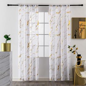 2PCS White gauze - gold stamping marble - Golden curtains, 96''*52'' (Color: Golden)
